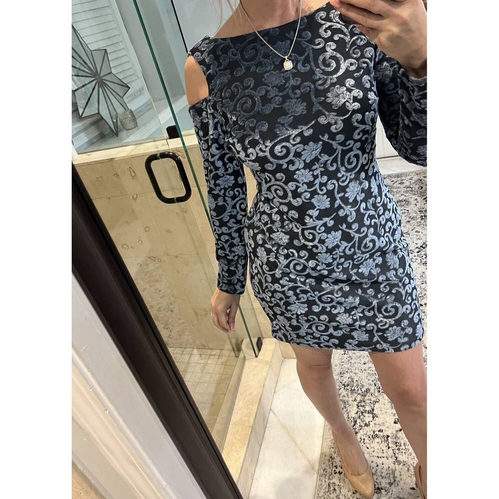 Maggy London Burnout Velvet Lace Midi Maxi Cold Shoulder Dress 6 Blue
